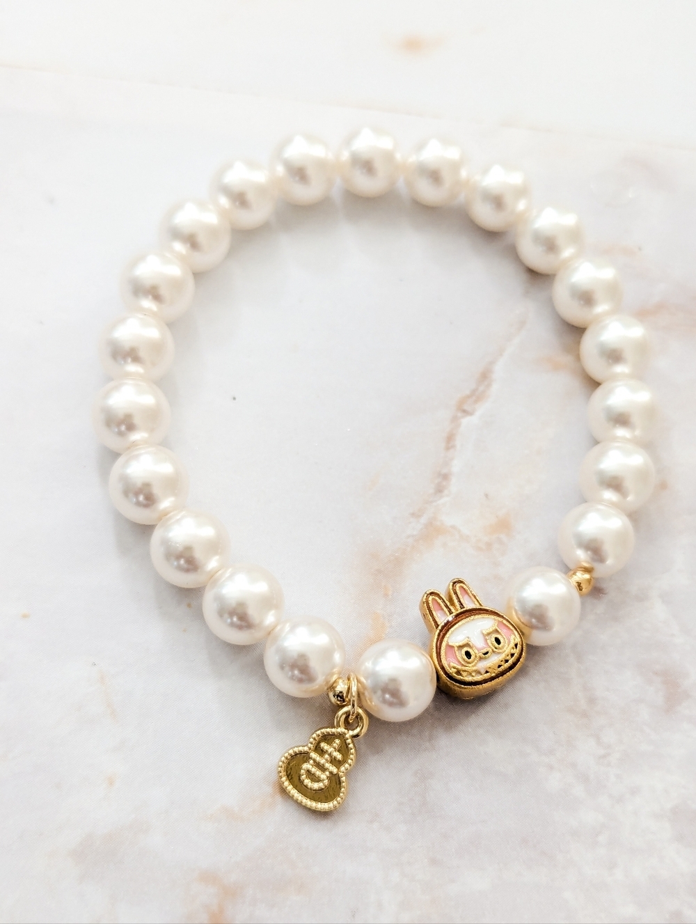 Labubu "The Monsters" Pearl Bead Bracelet Gold Mascot Charm & Gourd Pendant